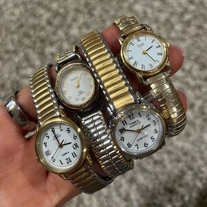 Lot of 4 Vintage Two Toned Stretchy Band Watches Citizen, Amitron, Timex Indiglo
